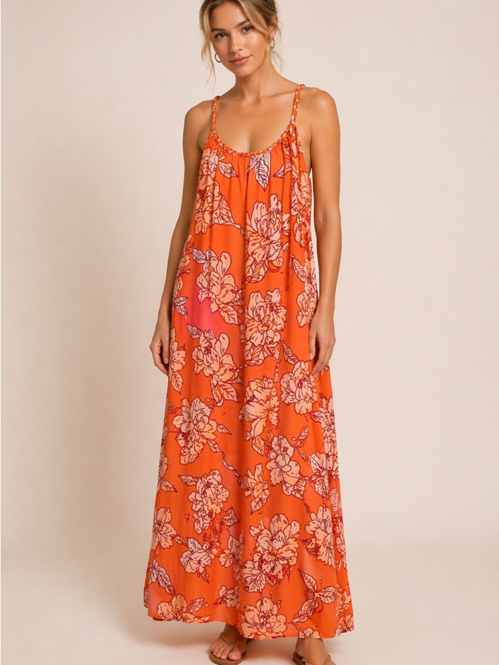 Orange Floral Maxi Dress with Spaghetti Straps